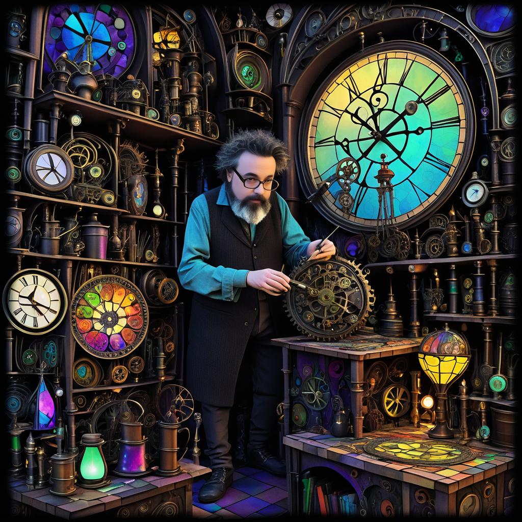 Whimsical Clockmaker in a Magical Attic