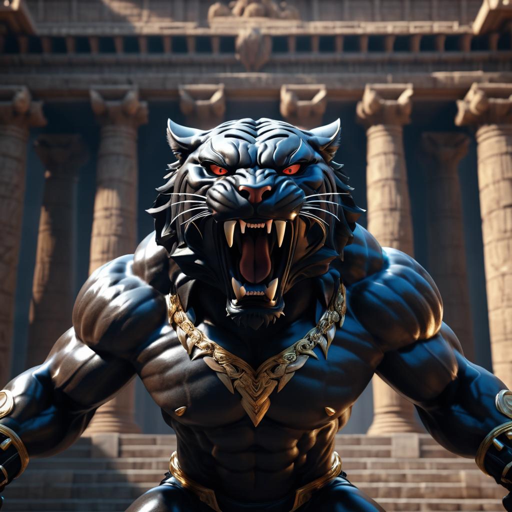 Muscular Panther Roaring in Temple