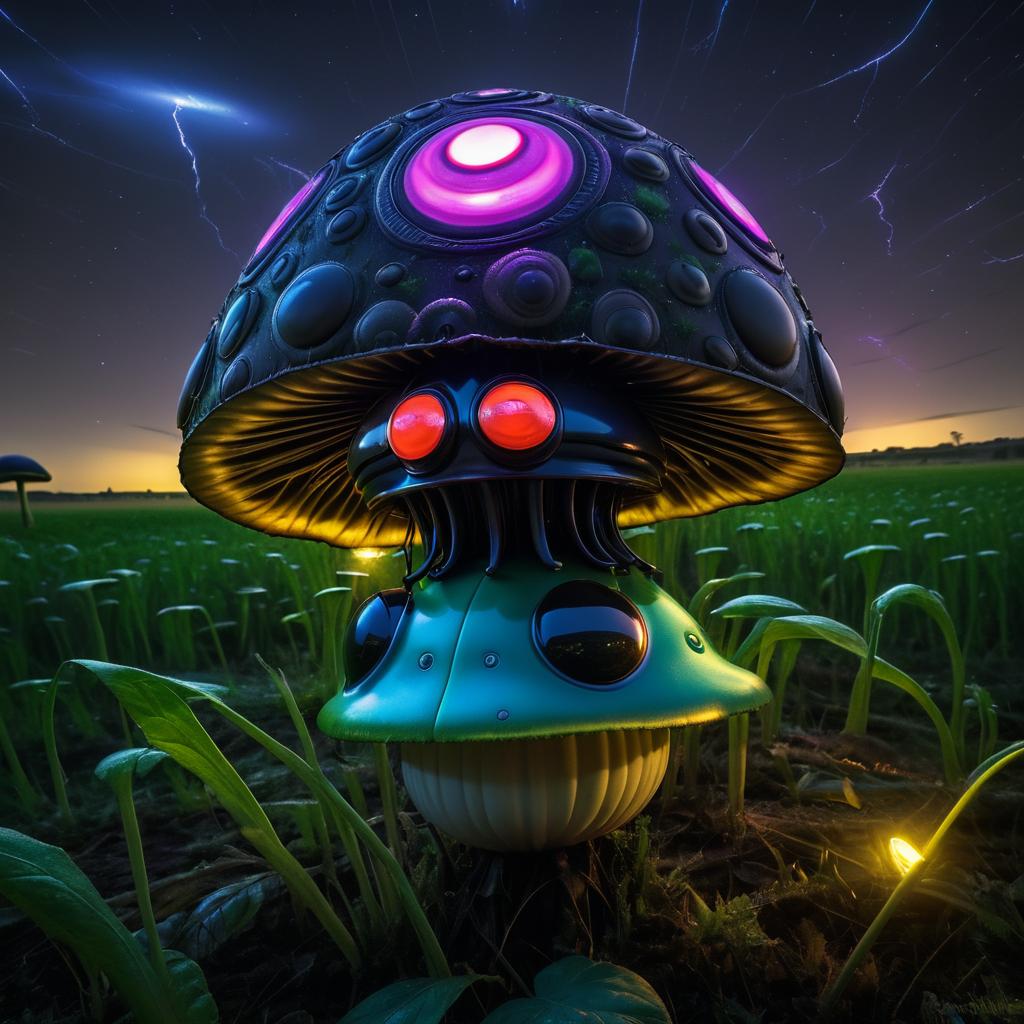 Surreal Ozymandias Mushroom with Radiant Beetle