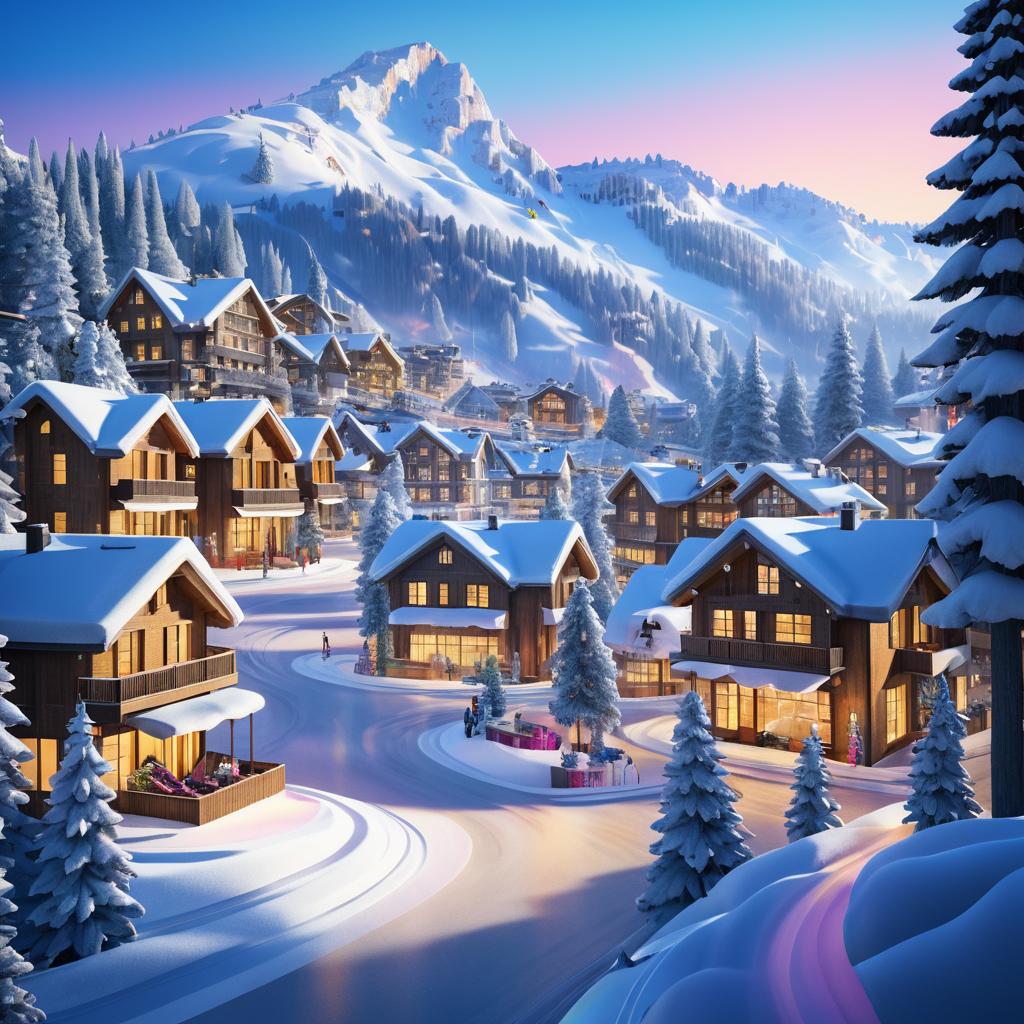 Cinematic Snowy Mountain Resort Scene