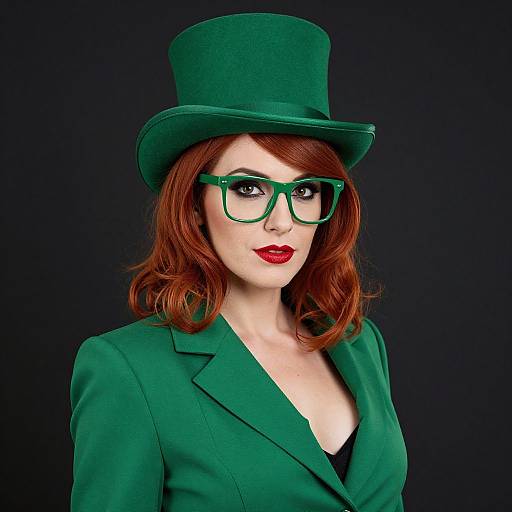 Photograph of a fair-skinned woman with red hair, green glasses, and matching green top hat and blazer, against a black background.