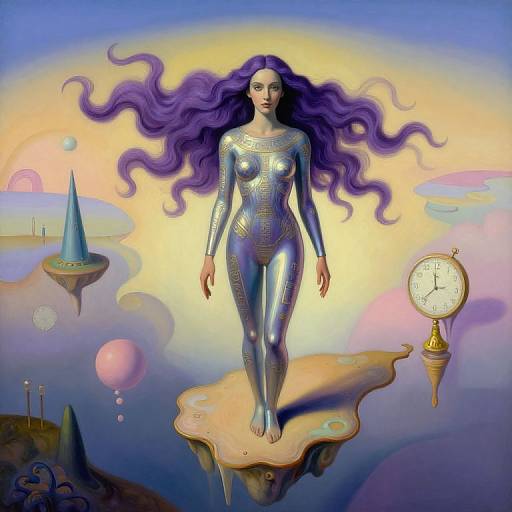 Digital surreal artwork of a woman with long wavy purple hair, silver bodysuit, standing on a floating island, clock to right. Dreamy