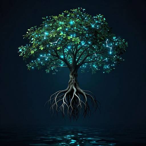 Digital artwork of a glowing blue tree with luminous leaves and roots, floating on a dark, reflective water surface.
