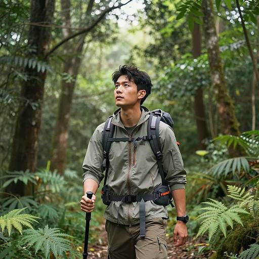 Photograph of an Asian man with short black hair, wearing a green hiking outfit and backpack, walking through a dense, lush forest with ferns and