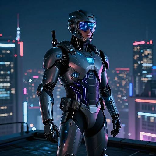 Digital CGI of a futuristic, armored superhero with glowing blue visor in a neon-lit, skyscraper-filled cityscape at night.