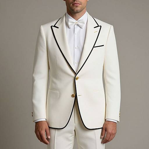 Photograph of a man in a white tuxedo with black trim, gold buttons, and white shirt, standing against a plain gray background.