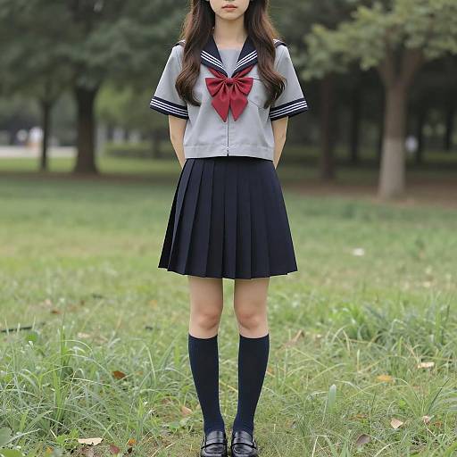Japanese Schoolgirl in Sailor Uniform Standing Outdoors