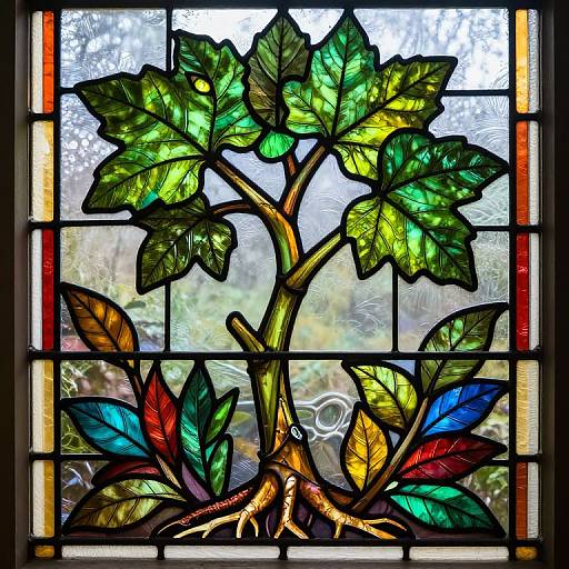 Stained glass window depicting a colorful, multi-leafed tree with vibrant green, yellow, red, and blue leaves, set against a frosted