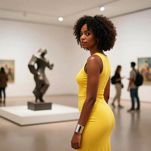 Confident Woman in Yellow Dress at Art Gallery