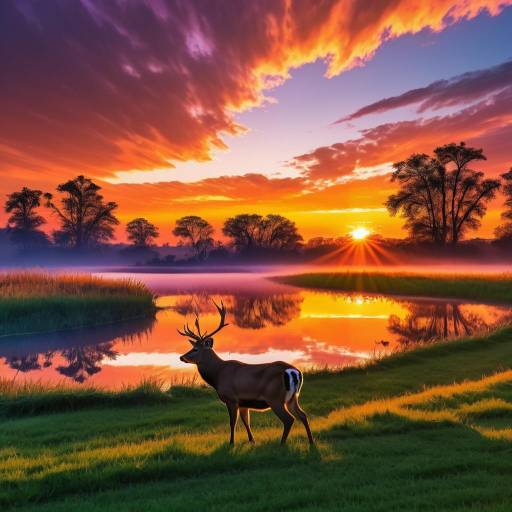 Deer at Sunrise by River