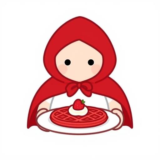 Chibi-style drawing of Little Red Riding Hood with a red hood, black eyes, and a white shirt, holding a plate with a waffle,