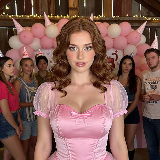 Photograph of a fair-skinned, brunette woman with blue eyes, wearing a pink, sheer-sleeved, low-cut dress, standing in a