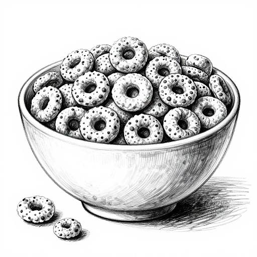 Black and white sketch of a bowl filled with numerous spotted donuts, with a few donuts resting on the surface.