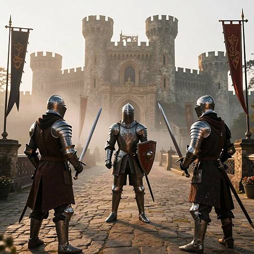 Three armored knights with swords and shields stand before a medieval stone castle at dawn, mist rising from cobblestone path.