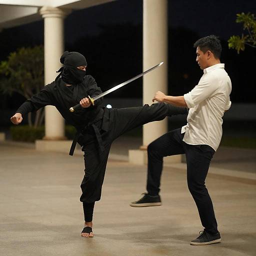Nighttime Ninja Kick Under Streetlights
