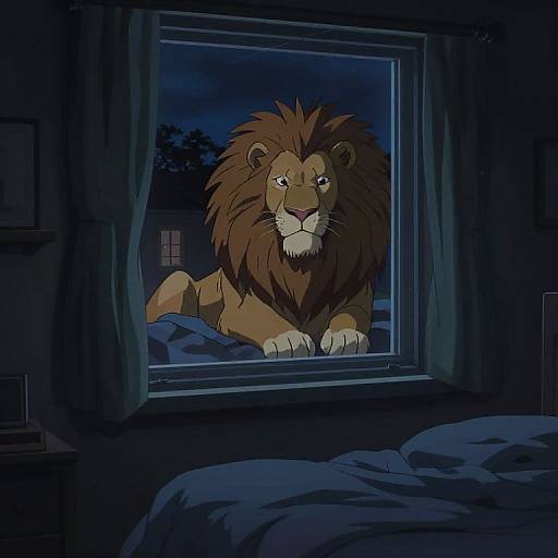 A stern-looking lion with a dark mane peers through a window at night, gazing into a darkened bedroom. Digital animation.