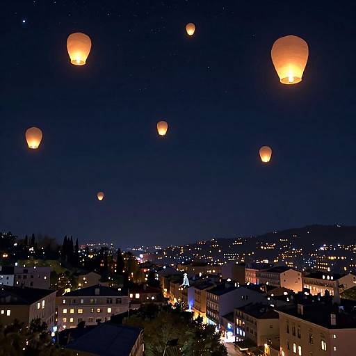 Nighttime photograph of a cityscape with glowing orange paper lanterns floating in the dark sky above illuminated buildings and distant hills.