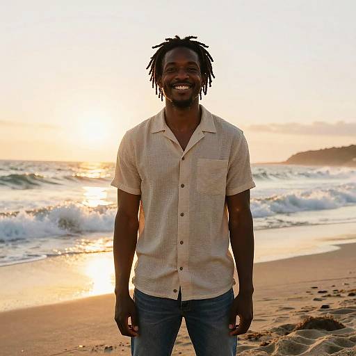 Photograph of a smiling Black man with dreadlocks, wearing a beige short-sleeve button-up shirt and blue jeans, standing on a sunlit