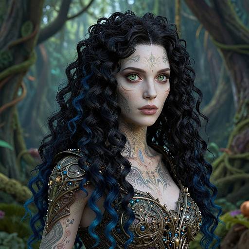 Digital fantasy portrait of a pale-skinned woman with green eyes, long black curly hair, intricate tattoos, and ornate gold armor, standing in a