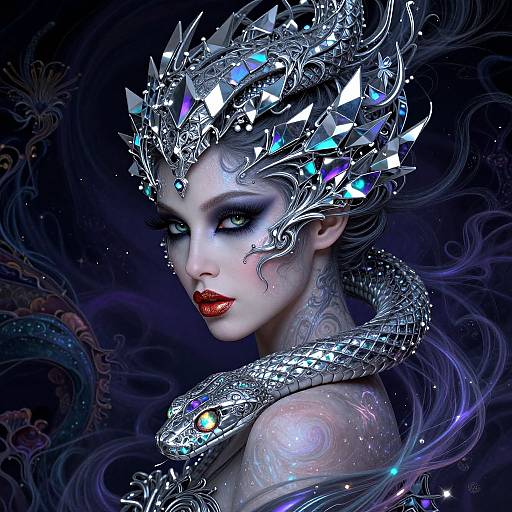 Digital fantasy artwork of a pale-skinned woman with blue eyes, red lips, and a metallic, crystal-adorned crown, entwined by