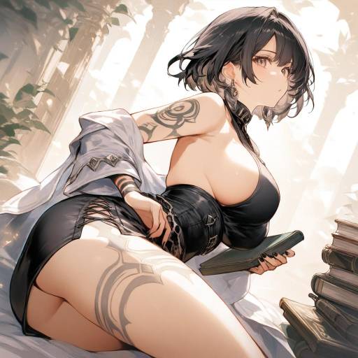 Anime Style Blonde Woman in Gothic Dress with Tattoos