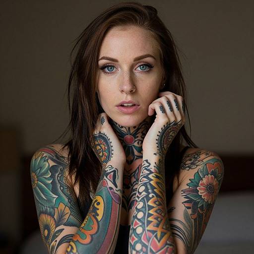 Portrait of Tattooed Woman with Blue Eyes