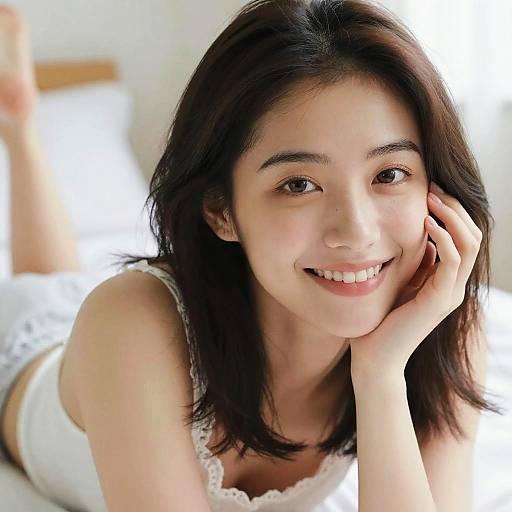 Photograph of a smiling East Asian woman with straight black hair, lying on a bed in white lace lingerie, resting her head on her hand. Bright