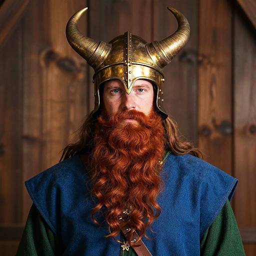 Photograph of a Viking warrior with long red beard, gold horned helmet, and blue tunic, standing in front of wooden doors.