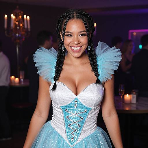 Photograph of a smiling Black woman with braided hair, wearing a blue and white, corset-style, tulle ball gown, in a dim