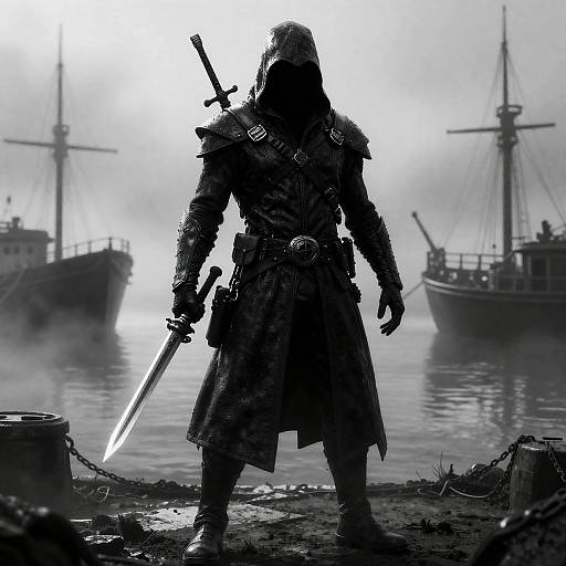 Shadowy Assassin in Foggy Harbor
