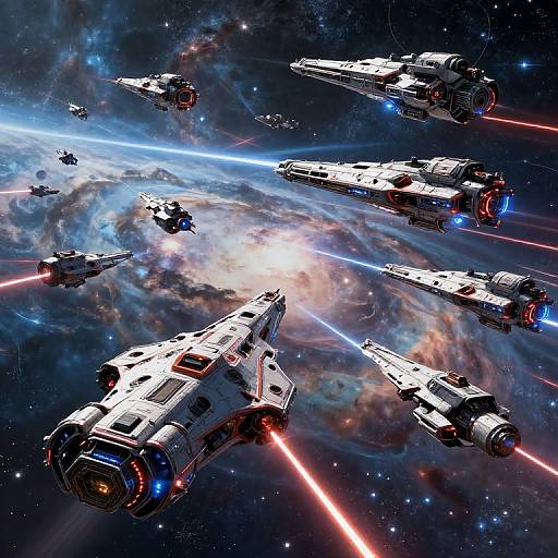 Digital art of a space battle: multiple white Star Wars-style starfighters with red and blue laser beams flying through a colorful nebula against a starry