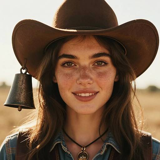 Photograph of a smiling young woman with freckles, brown eyes, and long dark hair, wearing a brown cowboy hat with a bell, and