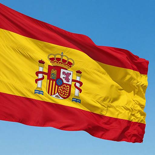 Photograph of the Spanish flag with red, yellow, and red horizontal stripes, featuring the royal coat of arms, waving against a clear blue sky.