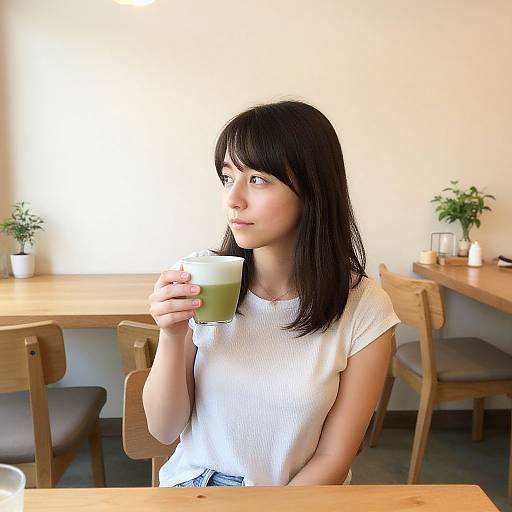 Photograph of an East Asian woman with straight black hair, wearing a white t-shirt, holding a green smoothie in a cafe.