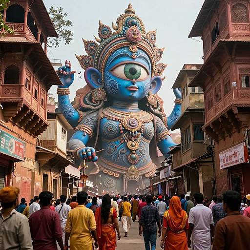 Photograph of a towering blue Ganesha statue with intricate gold and red ornaments, surrounded by a crowd of diverse people in colorful traditional clothes, in