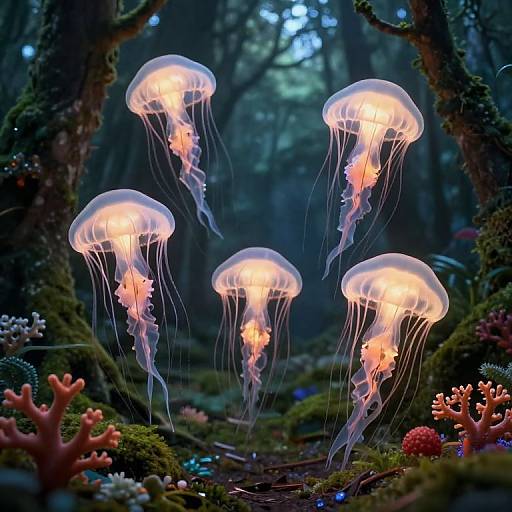 Photograph-like digital art of glowing jellyfish floating in a dark, mystical forest, surrounded by colorful coral and moss-covered trees.