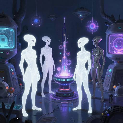 Digital sci-fi artwork of four glowing white alien figures standing around a futuristic, neon-lit control device in a dark, cybernetic lab.