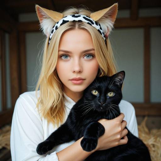 Portrait of a Cat-Eared Girl Holding a Cat Portrait of a Cat-Eared Girl Holding a Cat