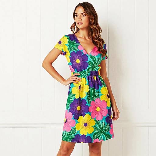 Photograph of a brown-haired woman in a vibrant, short-sleeved, V-neck dress with large purple, yellow, and pink floral prints,