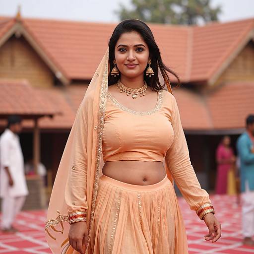 Photograph of a smiling South Asian woman in an orange traditional lehenga and crop top, gold jewelry, standing outdoors on red and white checkered floor