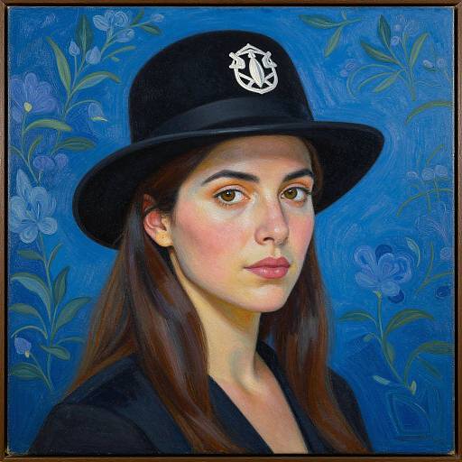 Digital painting of a young woman with fair skin and brown hair, wearing a black hat with a white emblem, against a blue floral background. She has