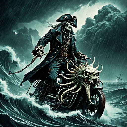 Ghost Pirate Riding Spectral Kraken Motorcycle in Stormy Ocean