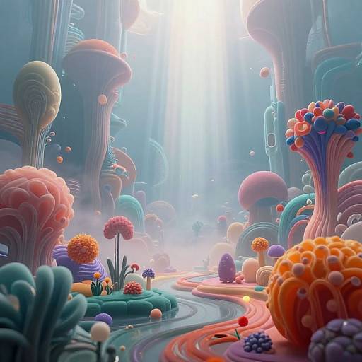 Digital artwork of a vibrant, surreal landscape with colorful, abstract, mushroom-like plants and flowing, neon river under bright sunlight.