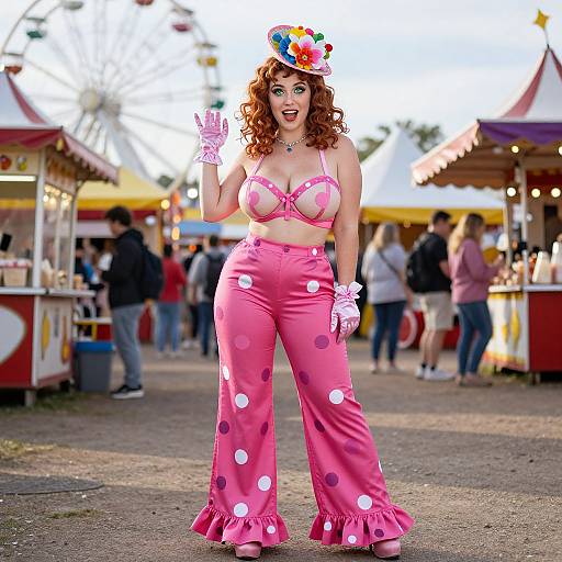 Colorful circus clown woman with curly red hair, pink polka-dot outfit, revealing bra, and hat, gesturing cheerfully at a fair.