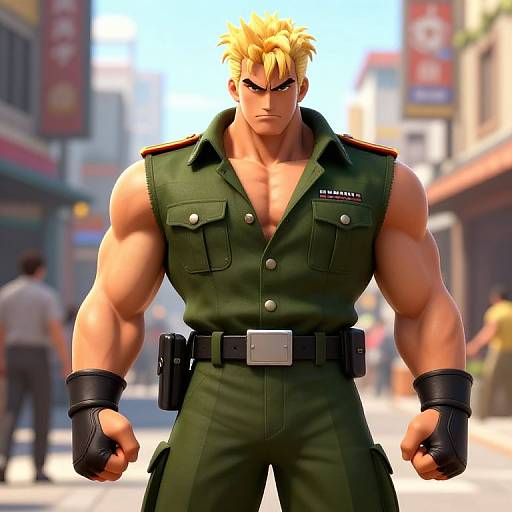 CGI image of a muscular, blonde, green-uniformed man with intense expression, black gloves, and belt pouches, standing in a bustling