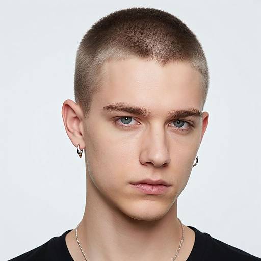 Photograph of a young person with short, buzzed brown hair, blue eyes, light skin, wearing black shirt, small hoop earrings, and thin