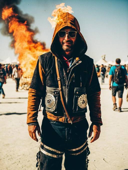 Man in Burning Man Outfit with Hood and Sunglasses