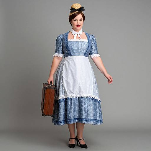 Photograph of a curvy, fair-skinned woman in a blue and white vintage maid dress, white apron, black hat, holding a brown