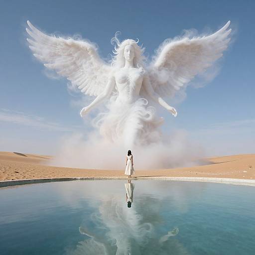 Photograph of a glowing, ethereal angel with large white wings, hovering over a reflective pool in a desert, with a small figure in a white