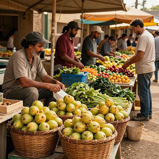 Photograph of a bustling outdoor market with vendors selling bright yellow green mangoes and leafy greens under shaded stalls.